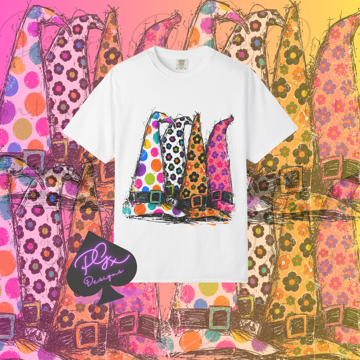 Colorful Witch Hats T-shirt | Polka Dot Halloween Illustration