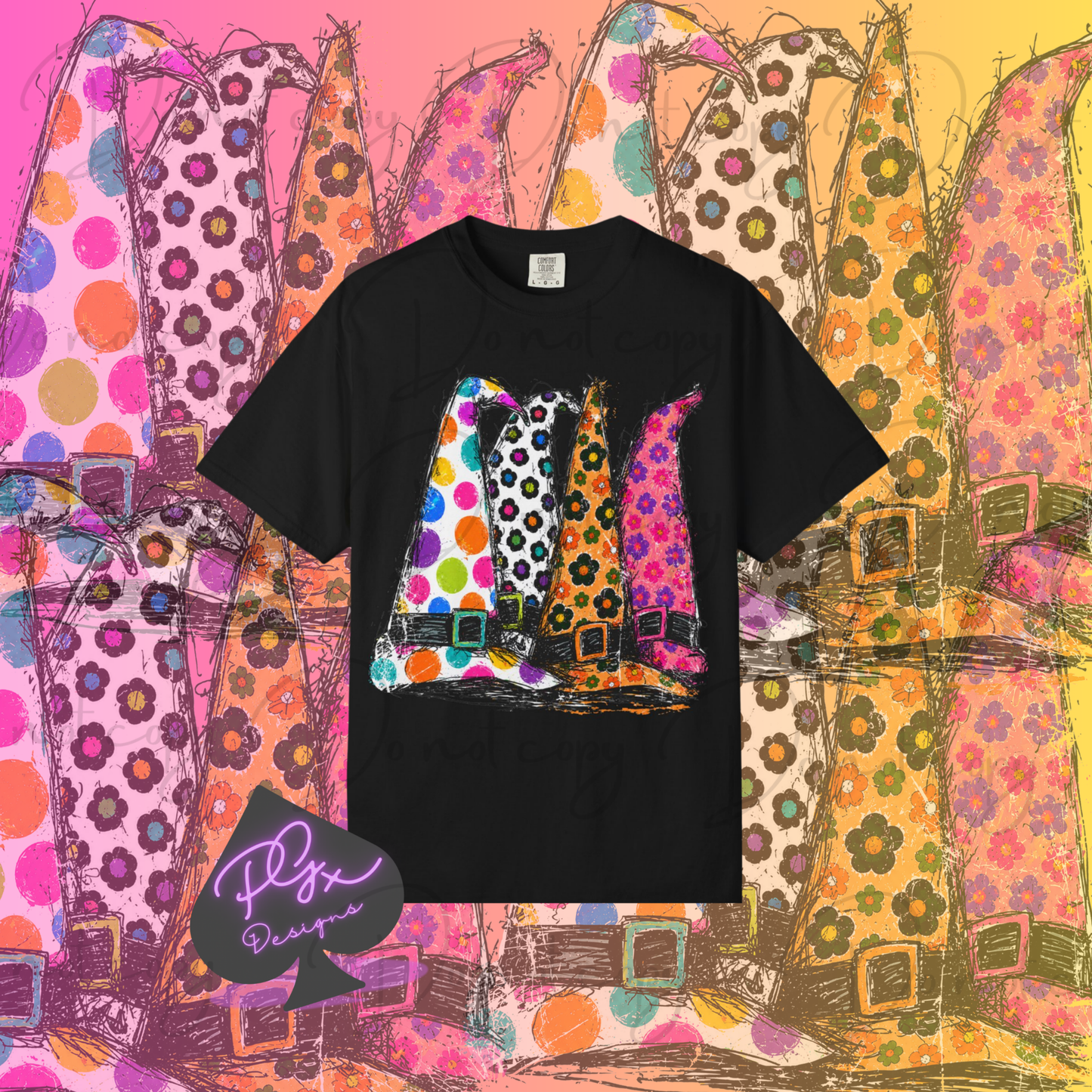 Colorful Witch Hats T-shirt | Polka Dot Halloween Illustration